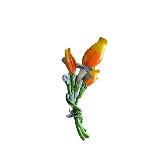 Vintage Yellow Orange Tulip Bouquet Brooch Enamaled Paint 1.5" - Picture 4 of 7